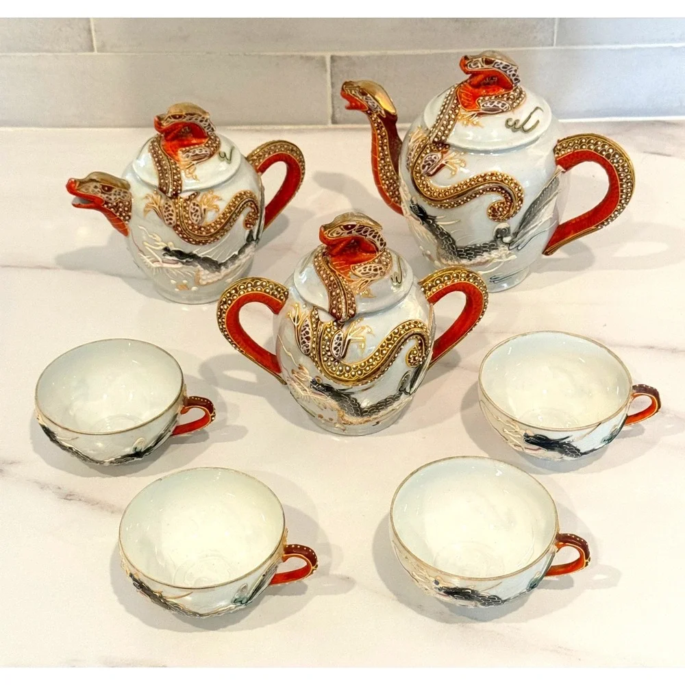 IISA Dragonware Geisha Lithophane Set Moriage 2‎ Teapots Cream Sugar Bowl 4 Cups